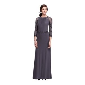MARINA illusion long sleeve dress with beaded waist NWT